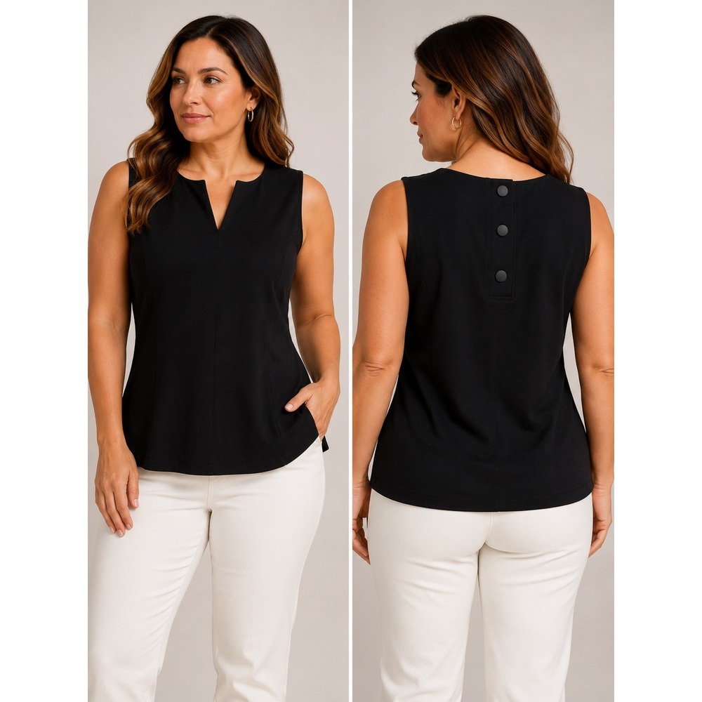Cabi‎ Black Sleeveless Notch Neck Button Back Ponte Knit Top 5936 Womens Medium